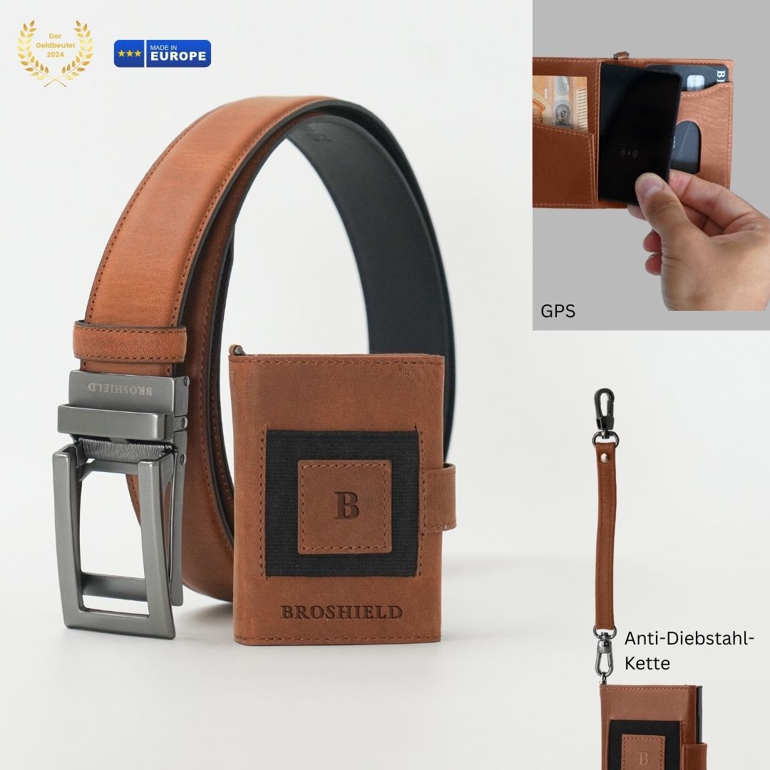 BROSHIELD Sicherheitsbundle: Portemonnaie + Automatik Gürtel + GPS Tracker + Sicherheitkette