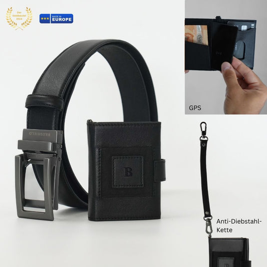 BROSHIELD Sicherheitsbundle: Portemonnaie + Automatik Gürtel + GPS Tracker + Sicherheitkette